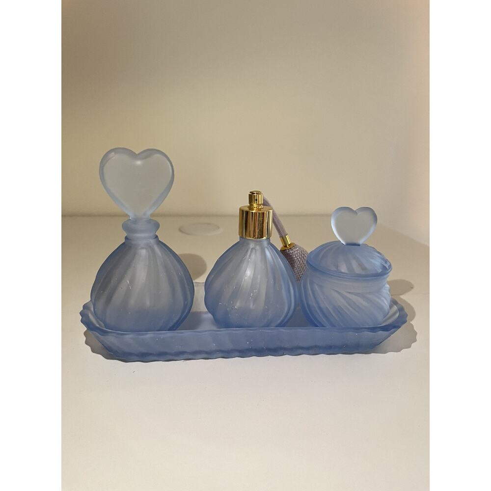 Vintage Dresser Vanity Set Blue Frost Glass Tray Perfume Bottles Jar Atomizer